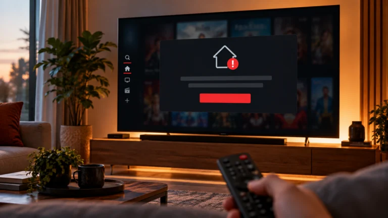 Ilustração de Smart TV com alerta de residência e uma mão segurando o controle remoto