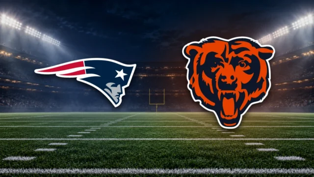 Emblemas oficiais de Patriots e Bears sobre fundo ilustrativo de estádio de futebol americano.