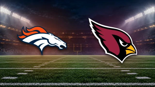 Emblemas oficiais de Broncos e Cardinals sobre fundo ilustrativo de estádio de futebol americano.