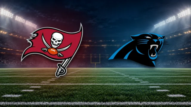 Emblemas oficiais de Buccaneers e Panthers sobre fundo ilustrativo de estádio de futebol americano.