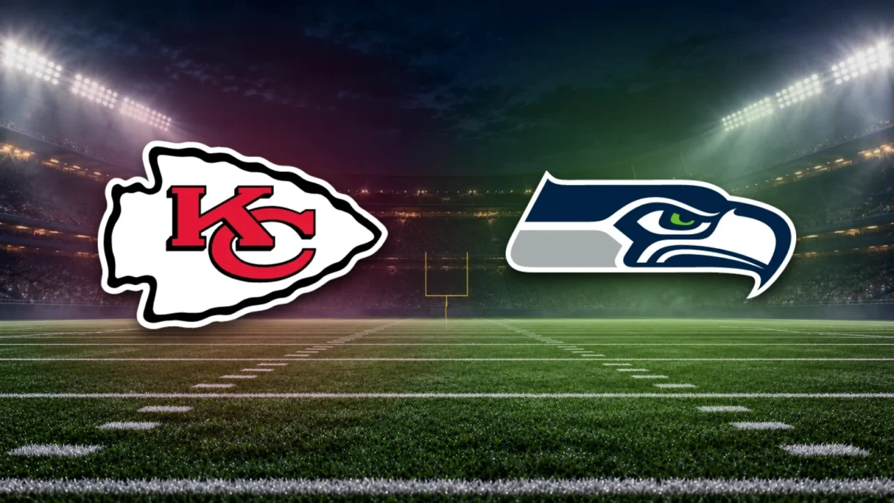 Emblemas oficiais de Chiefs e Seahawks sobre fundo ilustrativo de estádio de futebol americano.