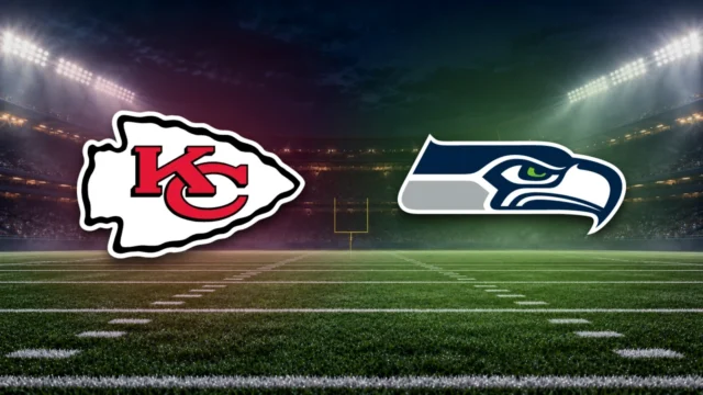 Emblemas oficiais de Chiefs e Seahawks sobre fundo ilustrativo de estádio de futebol americano.
