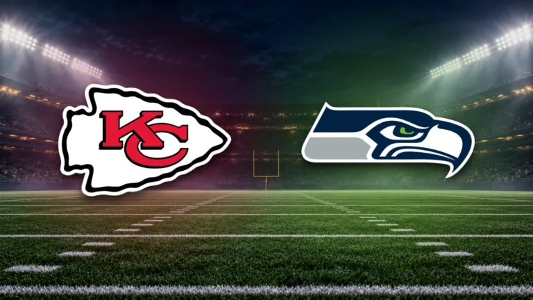 Emblemas oficiais de Chiefs e Seahawks sobre fundo ilustrativo de estádio de futebol americano.
