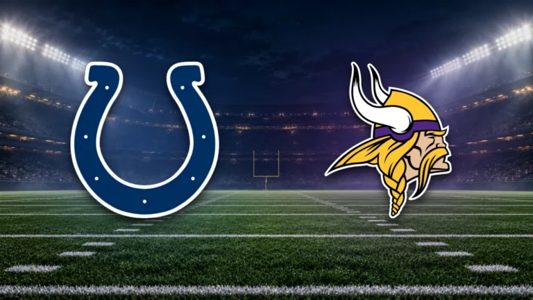 Emblemas oficiais de Colts e Vikings sobre fundo ilustrativo de estádio de futebol americano.