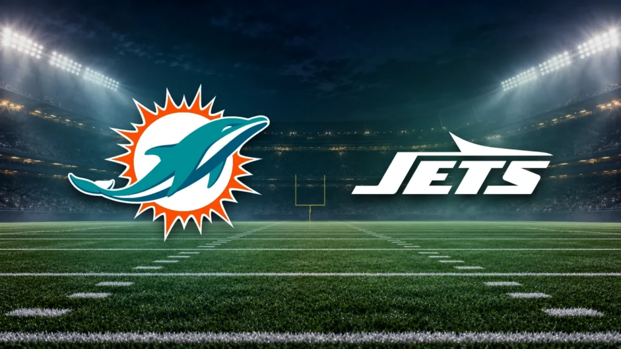 Emblemas oficiais de Dolphins e Jets sobre fundo ilustrativo de estádio de futebol americano.