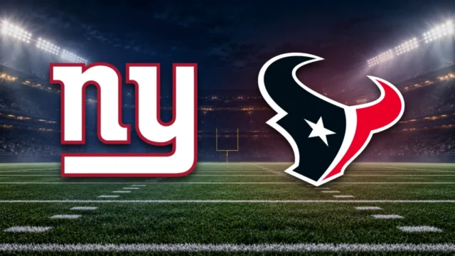 Emblemas oficiais de Giants e Texans sobre fundo ilustrativo de estádio de futebol americano.