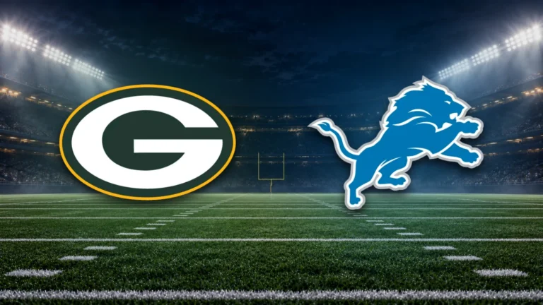Emblemas oficiais de Packers e Lions sobre fundo ilustrativo de estádio de futebol americano.