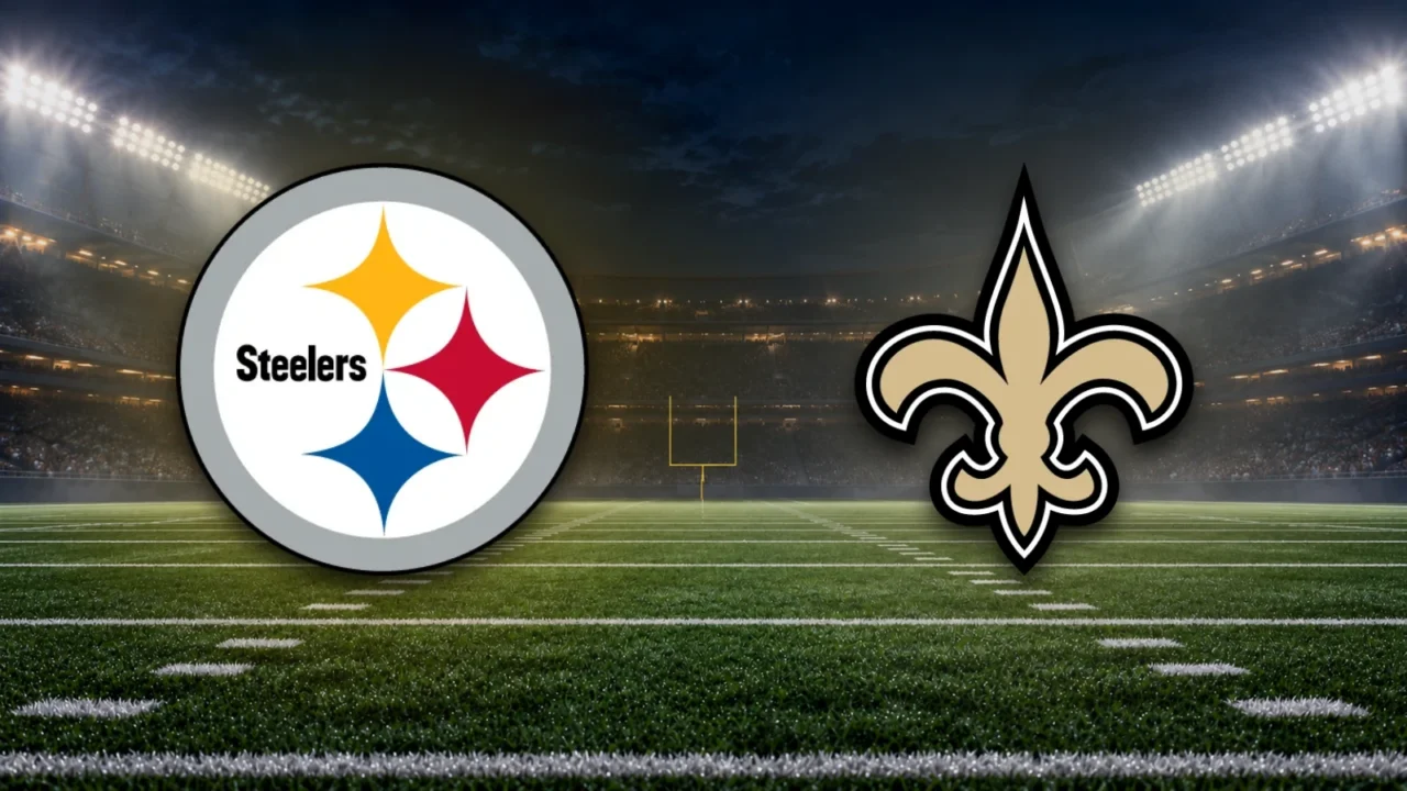 Emblemas oficiais de Steelers e Saints sobre fundo ilustrativo de estádio de futebol americano.