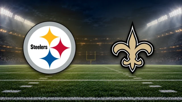 Emblemas oficiais de Steelers e Saints sobre fundo ilustrativo de estádio de futebol americano.