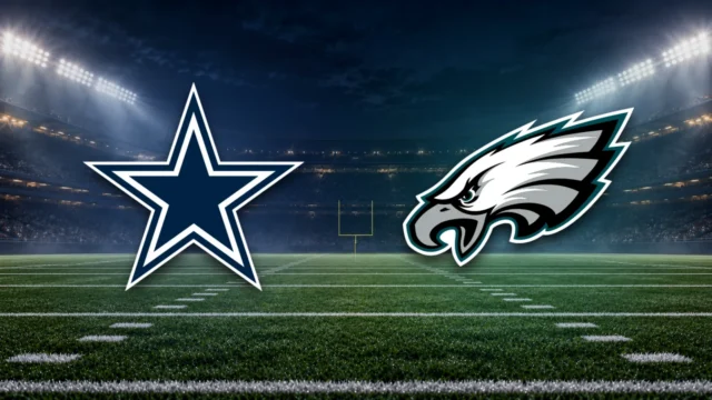 Emblemas oficiais de Cowboys e Eagles sobre fundo ilustrativo de estádio de futebol americano.