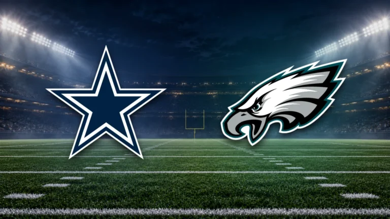 Emblemas oficiais de Cowboys e Eagles sobre fundo ilustrativo de estádio de futebol americano.