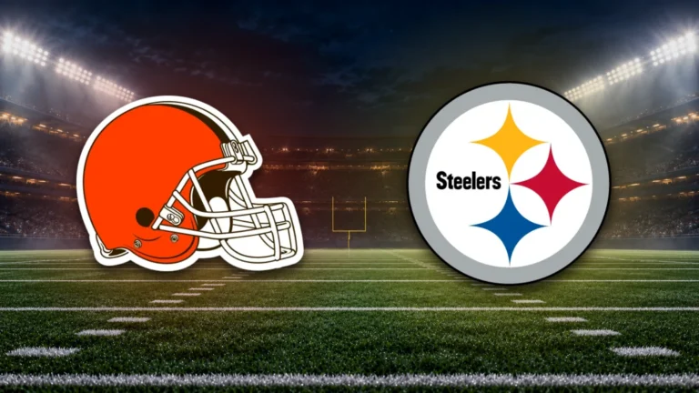 Emblemas oficiais de Browns e Steelers sobre fundo ilustrativo de estádio de futebol americano.