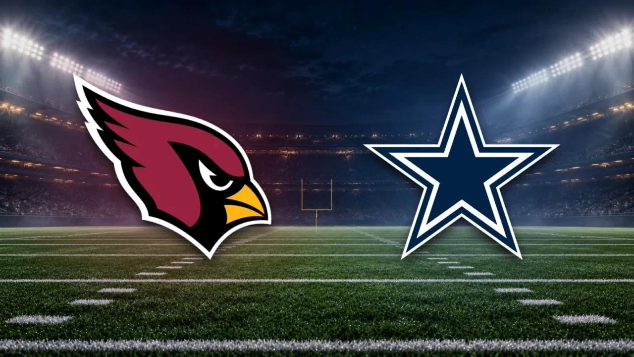 Emblemas oficiais de Cardinals e Cowboys sobre fundo ilustrativo de estádio de futebol americano.
