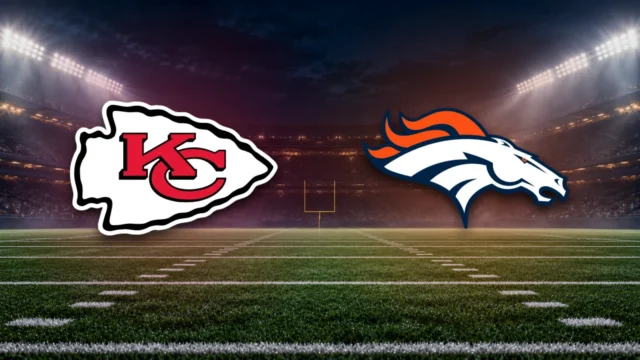Emblemas oficiais de Chiefs e Broncos sobre fundo ilustrativo de estádio de futebol americano.