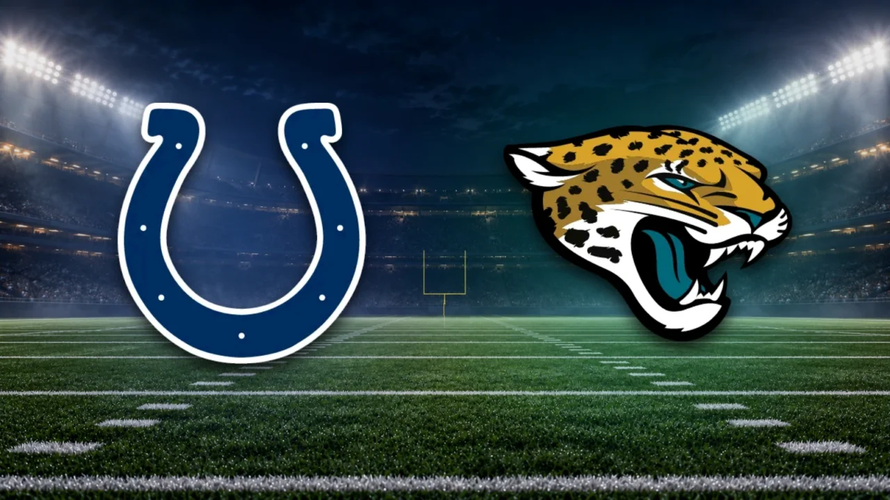 Emblemas oficiais de Colts e Jaguars sobre fundo ilustrativo de estádio de futebol americano.