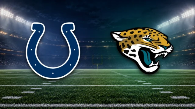 Emblemas oficiais de Colts e Jaguars sobre fundo ilustrativo de estádio de futebol americano.
