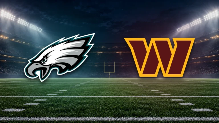 Emblemas oficiais de Eagles e Commanders sobre fundo ilustrativo de estádio de futebol americano.