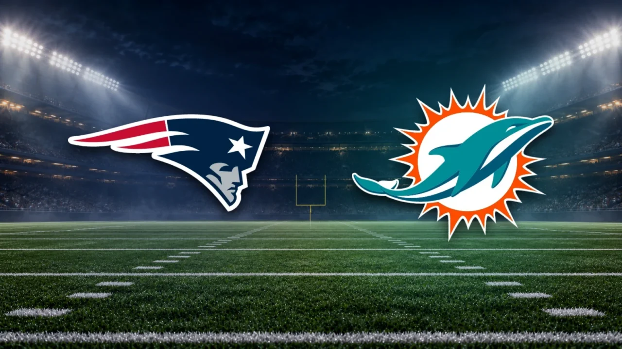 Emblemas oficiais de Patriots e Dolphins sobre fundo ilustrativo de estádio de futebol americano.
