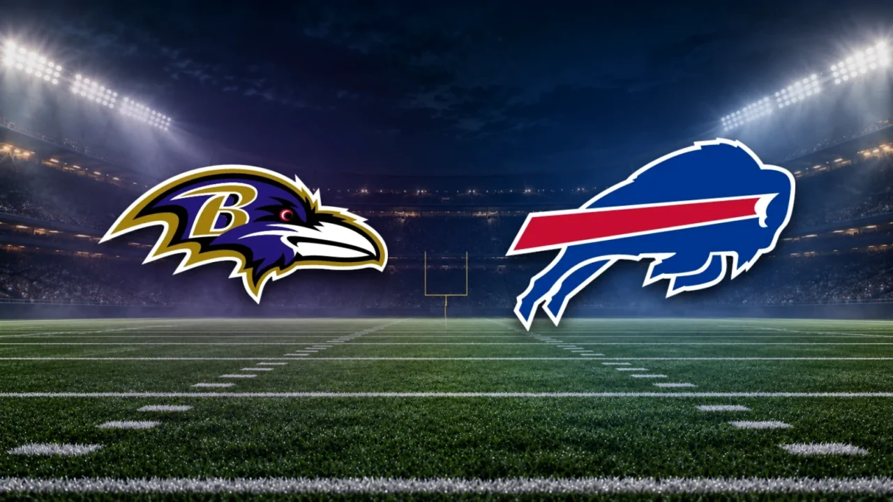 Emblemas oficiais de Ravens e Bills sobre fundo ilustrativo de estádio de futebol americano.