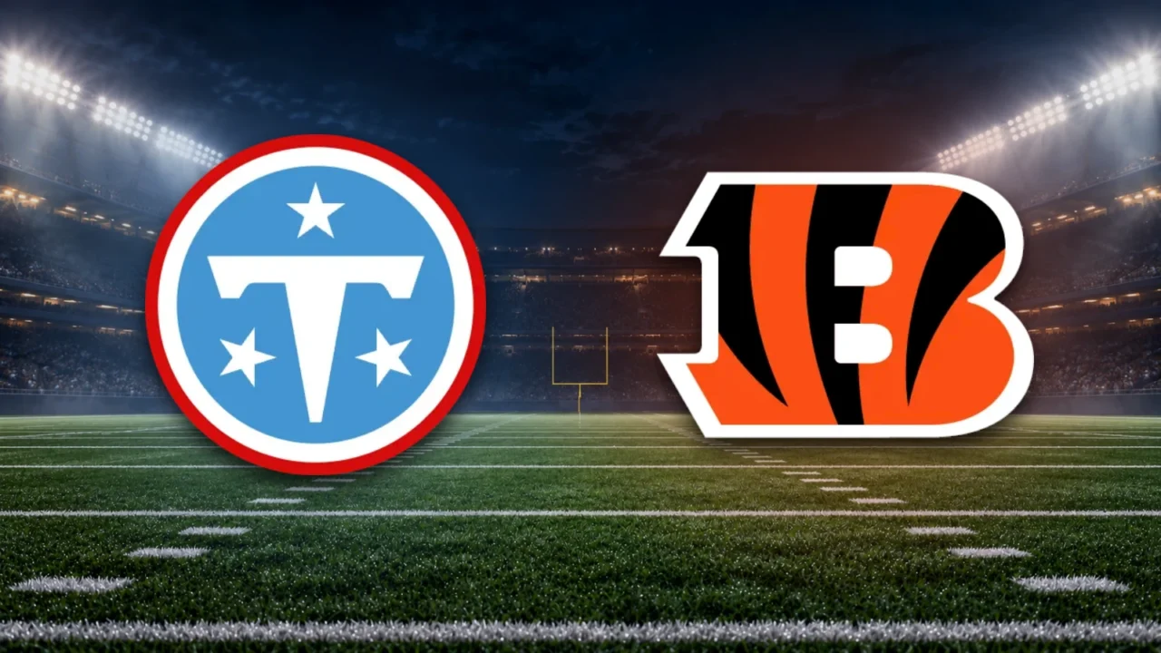 Emblemas oficiais de Titans e Bengals sobre fundo ilustrativo de estádio de futebol americano.