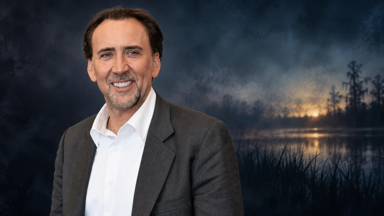 Composição editorial de Nicolas Cage baseada em foto de arquivo, sobre fundo escuro; não é cena de True Detective