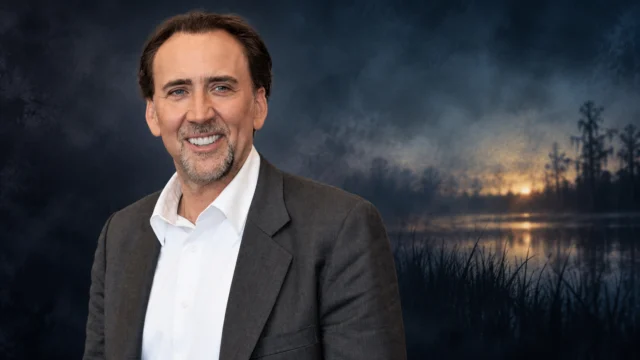 Composição editorial de Nicolas Cage baseada em foto de arquivo, sobre fundo escuro; não é cena de True Detective