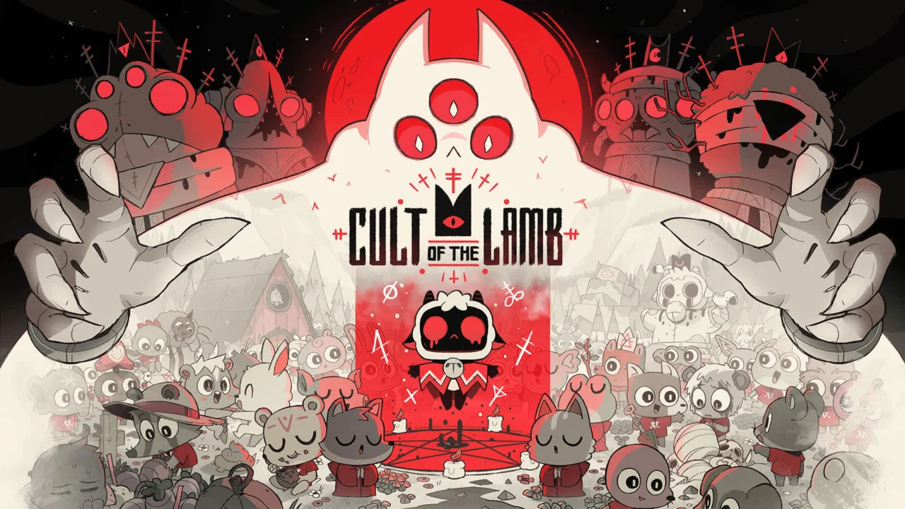 Arte oficial de Cult of the Lamb, jogo em promoção nas Ofertas de Arrepiar da Nintendo eShop