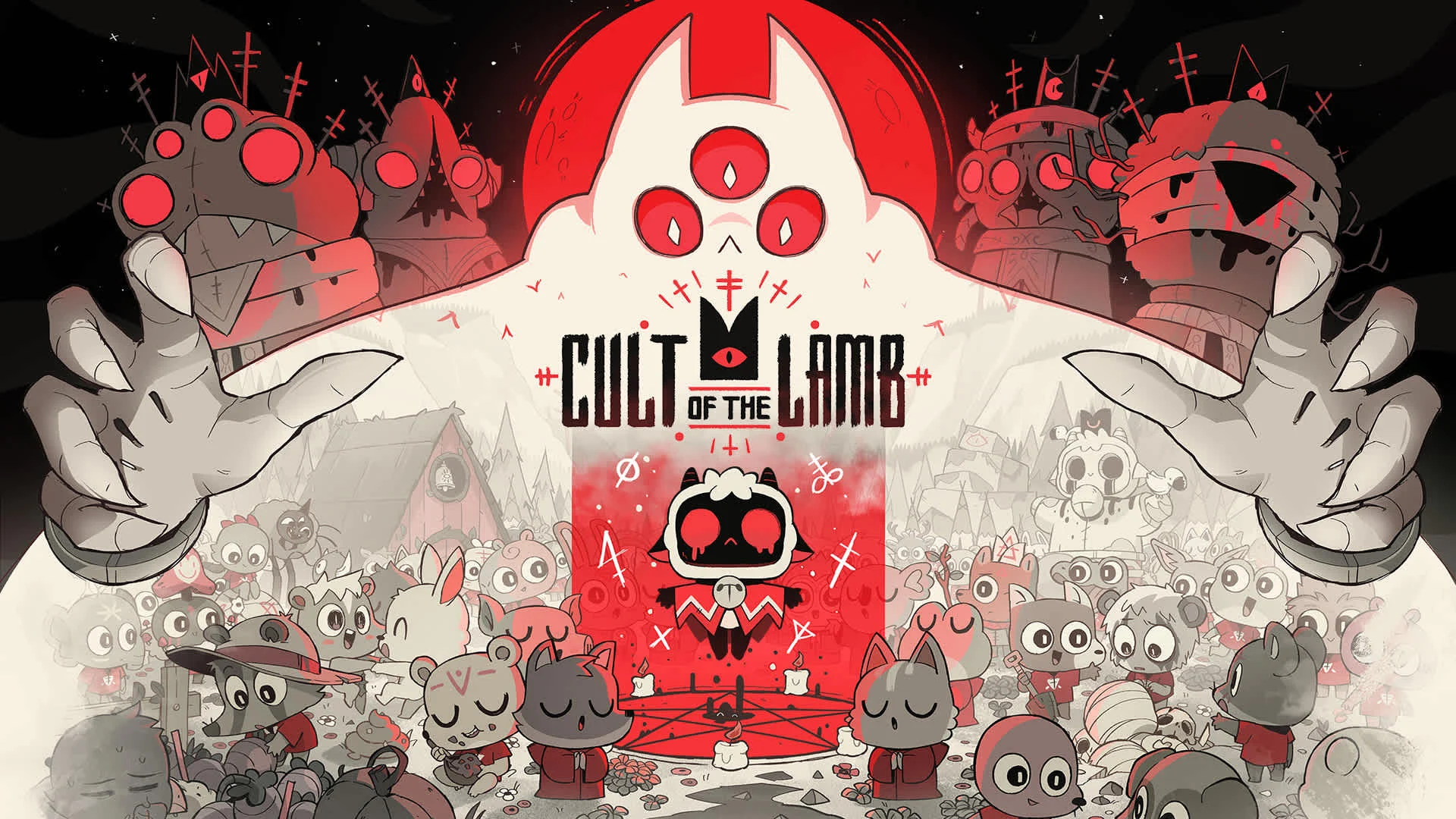 Arte oficial de Cult of the Lamb, jogo de ação e gerenciamento de culto em promoção na Nintendo eShop