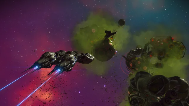 Nave atravessa região sombria do espaço entre destroços e nuvens esverdeadas em No Man's Sky Forsaken