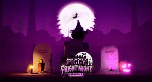 Arte de Halloween do jogo Piggy com lua brilhante, cemitério e personagem sombrio