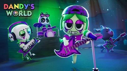 Arte oficial de Dandy’s World mostrando personagens tocando instrumentos em um cenário verde e roxo