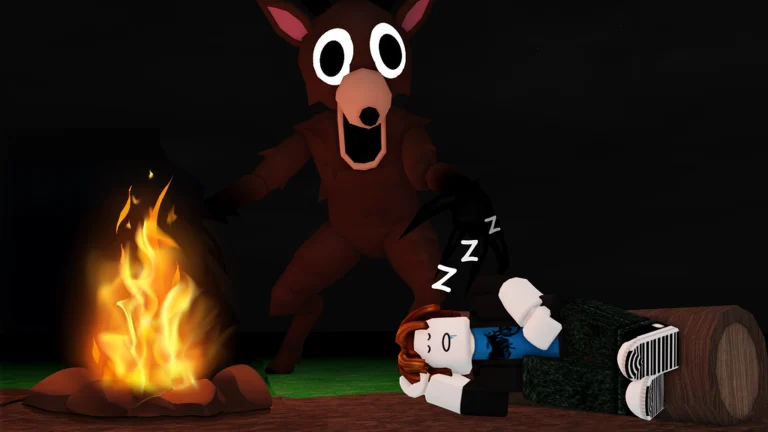 O Deer se aproxima de um jogador dormindo perto de uma fogueira em 99 Nights in the Forest
