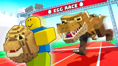 Arte oficial do Race for Eggs no Roblox, com personagem amarelo correndo de um dinossauro em uma pista