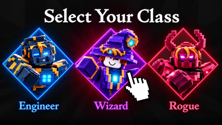 Tela oficial de seleção de classes de Survive the Swarm no Roblox, com Engineer, Wizard e Rogue