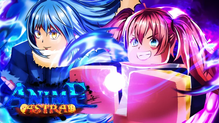 Arte oficial de Anime Astral Simulator com dois personagens de anime e efeitos de energia