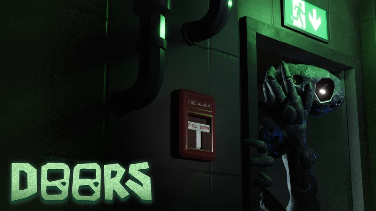 Criatura com um olho luminoso aparece na entrada de um corredor verde em DOORS