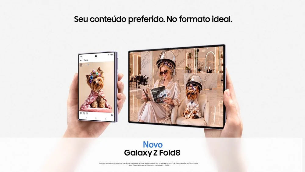 Galaxy Z Fold8 da Samsung mostrado fechado e aberto, com exemplos de conteúdo nas duas telas