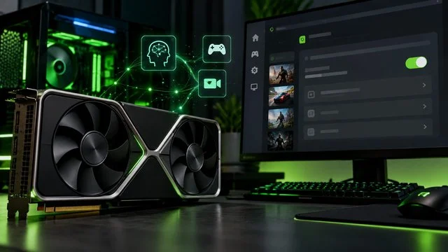 Ilustração de uma placa de vídeo em computador gamer, com interface de controle e conexões de inteligência artificial.