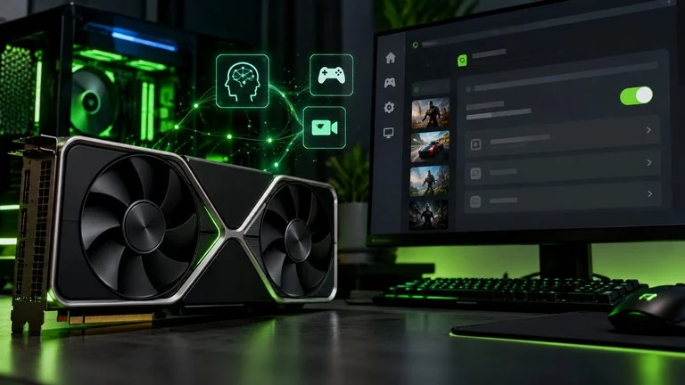 Ilustração de uma placa de vídeo em computador gamer, com interface de controle e conexões de inteligência artificial.
