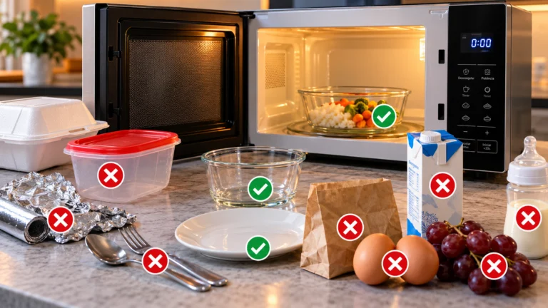 Papel-alumínio, inox, isopor comum, embalagens sem indicação de uso, ovos com casca e recipientes vedados estão entre os itens que podem causar acidentes no micro-ondas.