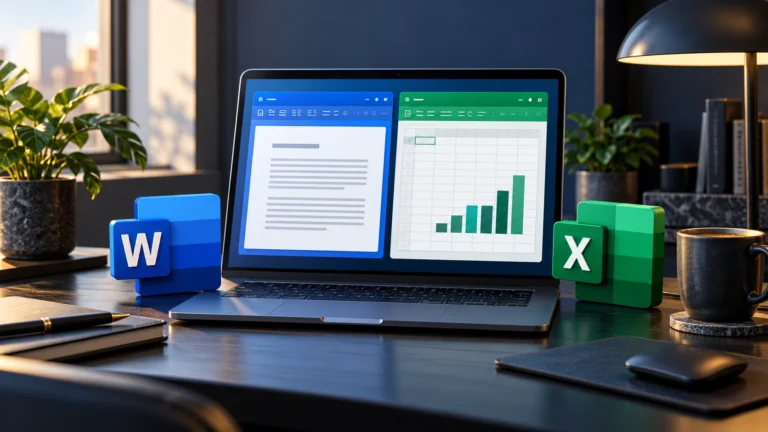 Ilustração de notebook com documento e planilha na tela, acompanhado de ícones do Word e Excel