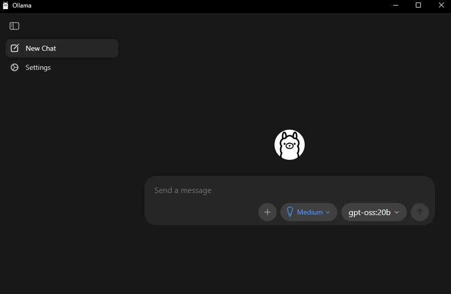 Ollama aberto no Windows, com opção de nova conversa e menu para selecionar um modelo de IA