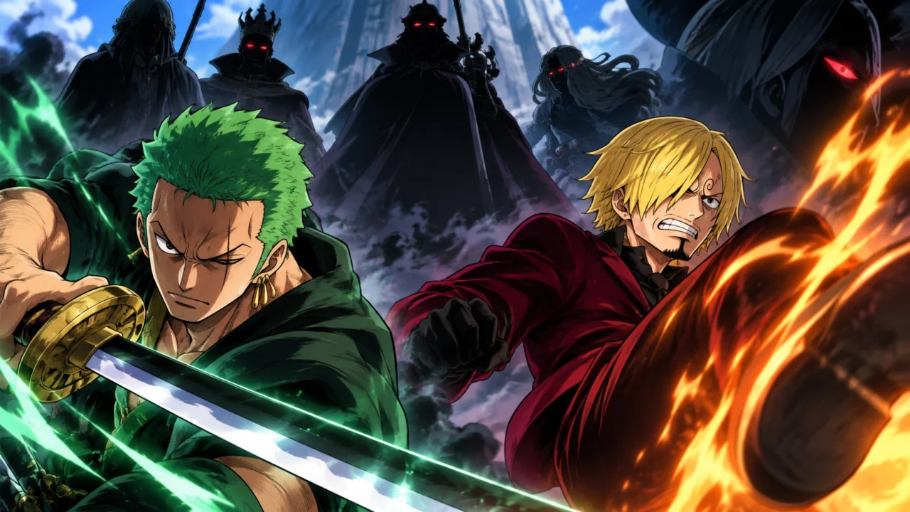 Ilustração de Zoro e Sanji em combate contra os Cavaleiros de Deus