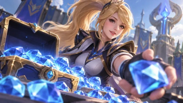 Ilustração de heroína de Mobile Legends com baú de diamantes