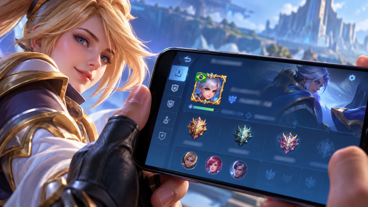 Ilustração de perfil de jogador de Mobile Legends na tela de um celular
