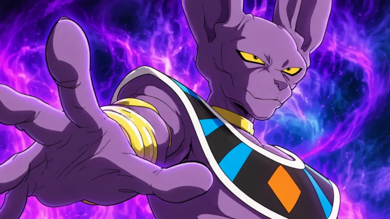 Ilustração de Beerus cercado por energia roxa