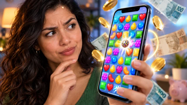 Ilustração de mulher com dúvida sobre dinheiro ao jogar Candy Crush no celular