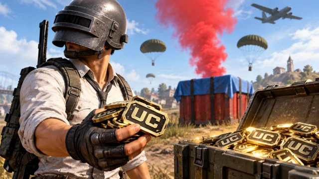 Ilustração de soldado de PUBG Mobile com moedas UC e caixa de suprimentos