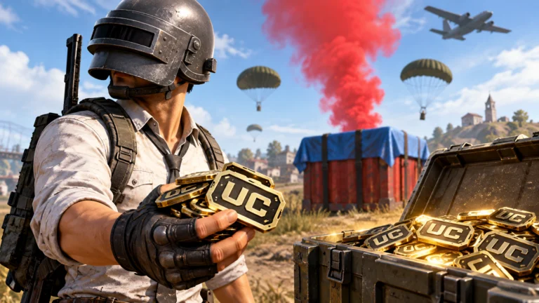 Ilustração de soldado de PUBG Mobile com moedas UC e caixa de suprimentos