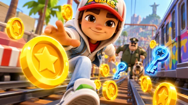 Ilustração de corredor de Subway Surfers com moedas e chaves nos trilhos